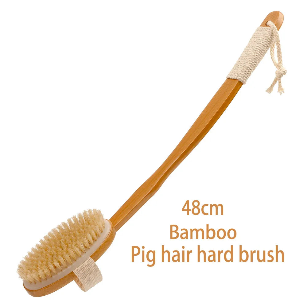 Bamboo Super Long 48cm Curved Handle Pig Mane Bath Brush, Foldable for Bathing, Cleaning, Massage, Rubbing, Back Brushing