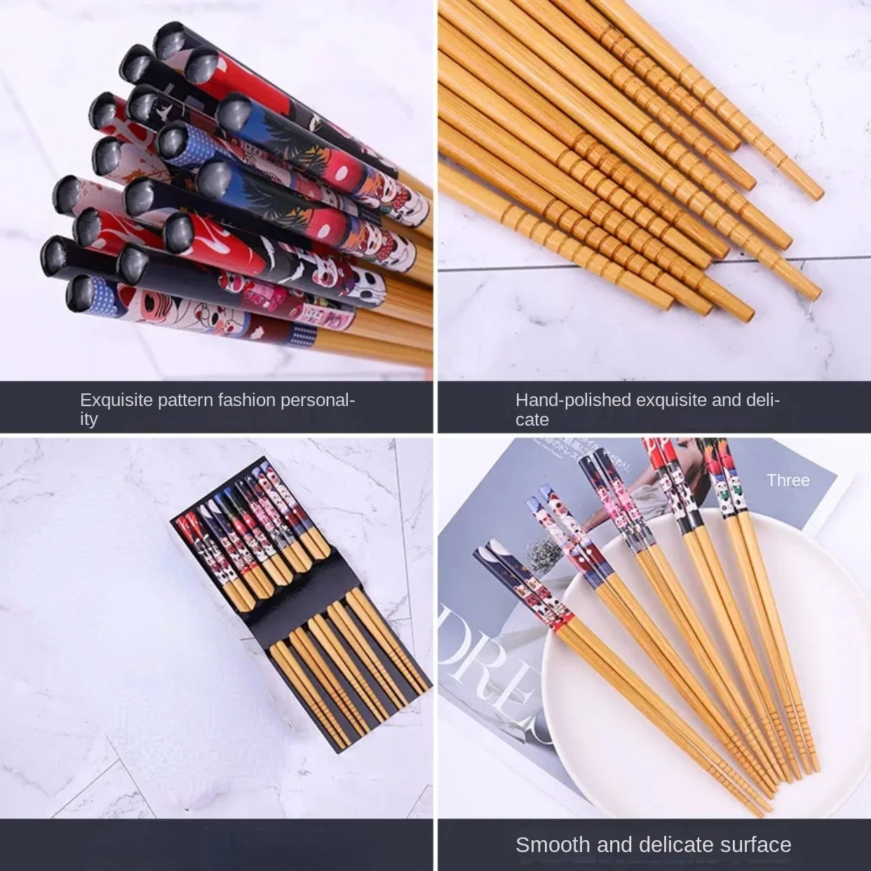 Bamboo Chopsticks, Set of 5 Pairs, High Aesthetic Value for Home Use, Individual Chopsticks, Mold-Resistant, Non-Slip, Printed Design, Tableware, Communal Chopsticks, Gift