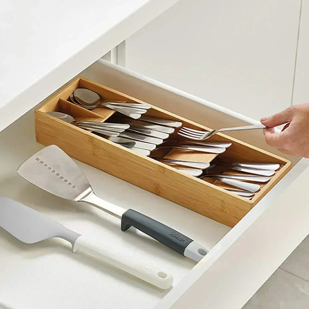 Bamboo Compact Cutlery Drawer Tool Expandable for Forks Spoons Utensils Box Kitchen Home Decor Simple Tableware Drawer Organizer