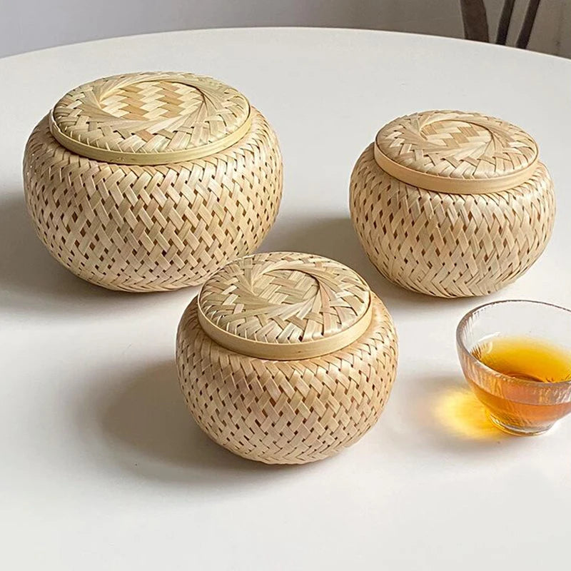 Bamboo Storage Basket with Cover Handmade Woven Tea Basket Tabletop Storage Box Flowerpot for Tea Dried Fruit Snack