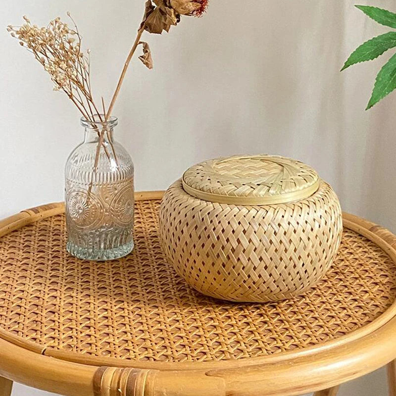Bamboo Storage Basket with Cover Handmade Woven Tea Basket Tabletop Storage Box Flowerpot for Tea Dried Fruit Snack