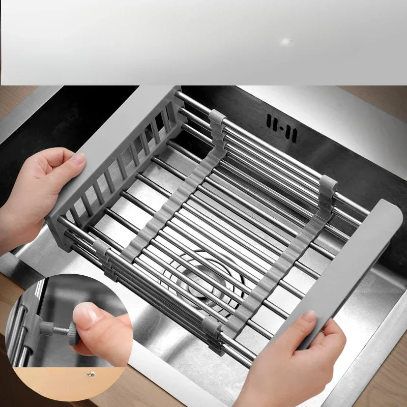 Retractable Kitchen Sink Drain Rack Drain Storage Rack Stainless Steel Bowls Tableware Vegetables Fruits Cleaning Drain Basket