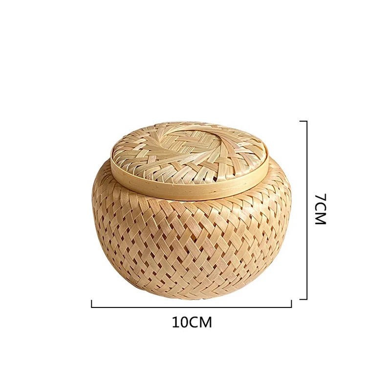 Bamboo Storage Basket with Cover Handmade Woven Tea Basket Tabletop Storage Box Flowerpot for Tea Dried Fruit Snack
