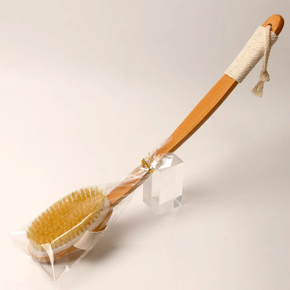 Bamboo Super Long 48cm Curved Handle Pig Mane Bath Brush, Foldable for Bathing, Cleaning, Massage, Rubbing, Back Brushing