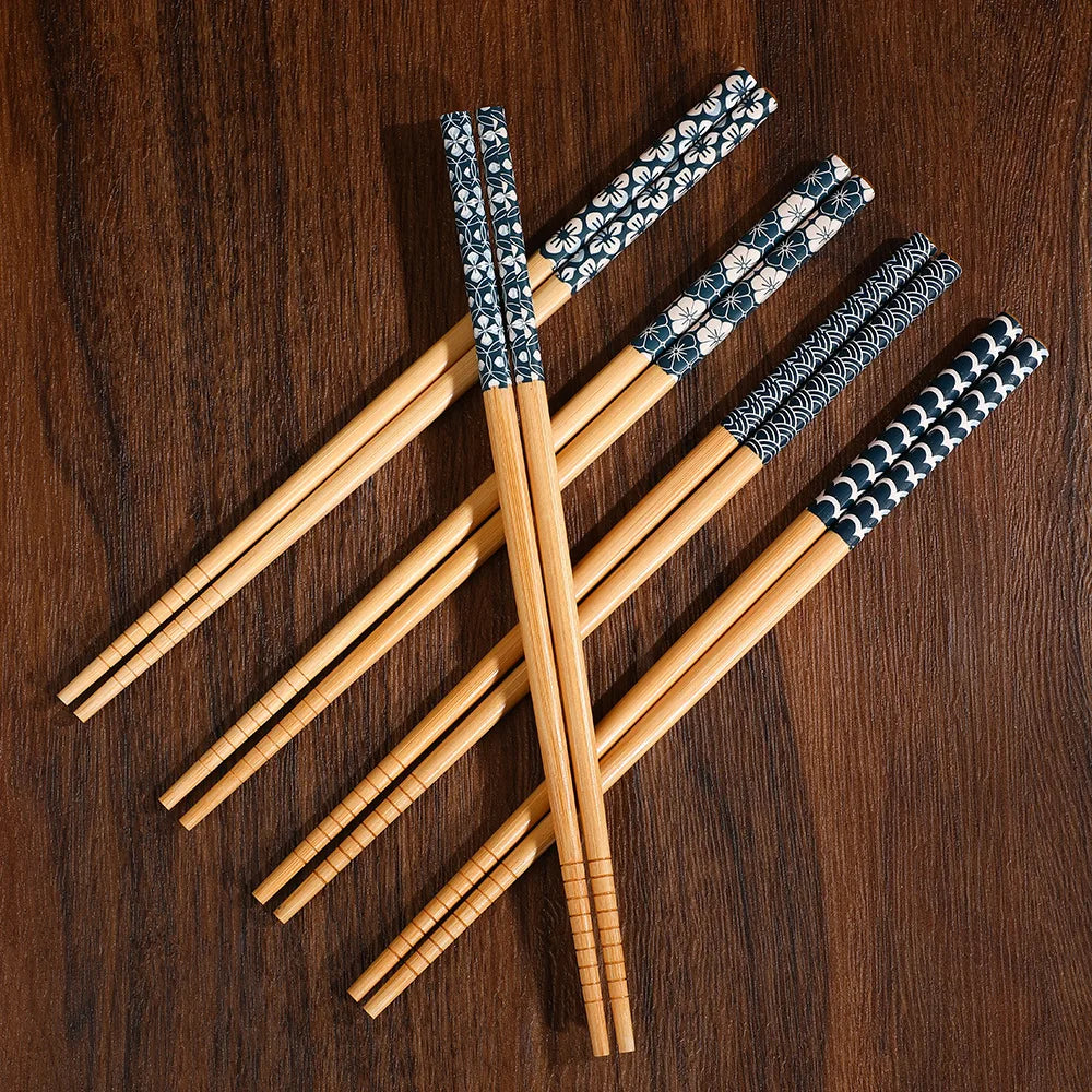 Bamboo Chopsticks, Set of 5 Pairs, High Aesthetic Value for Home Use, Individual Chopsticks, Mold-Resistant, Non-Slip, Printed Design, Tableware, Communal Chopsticks, Gift