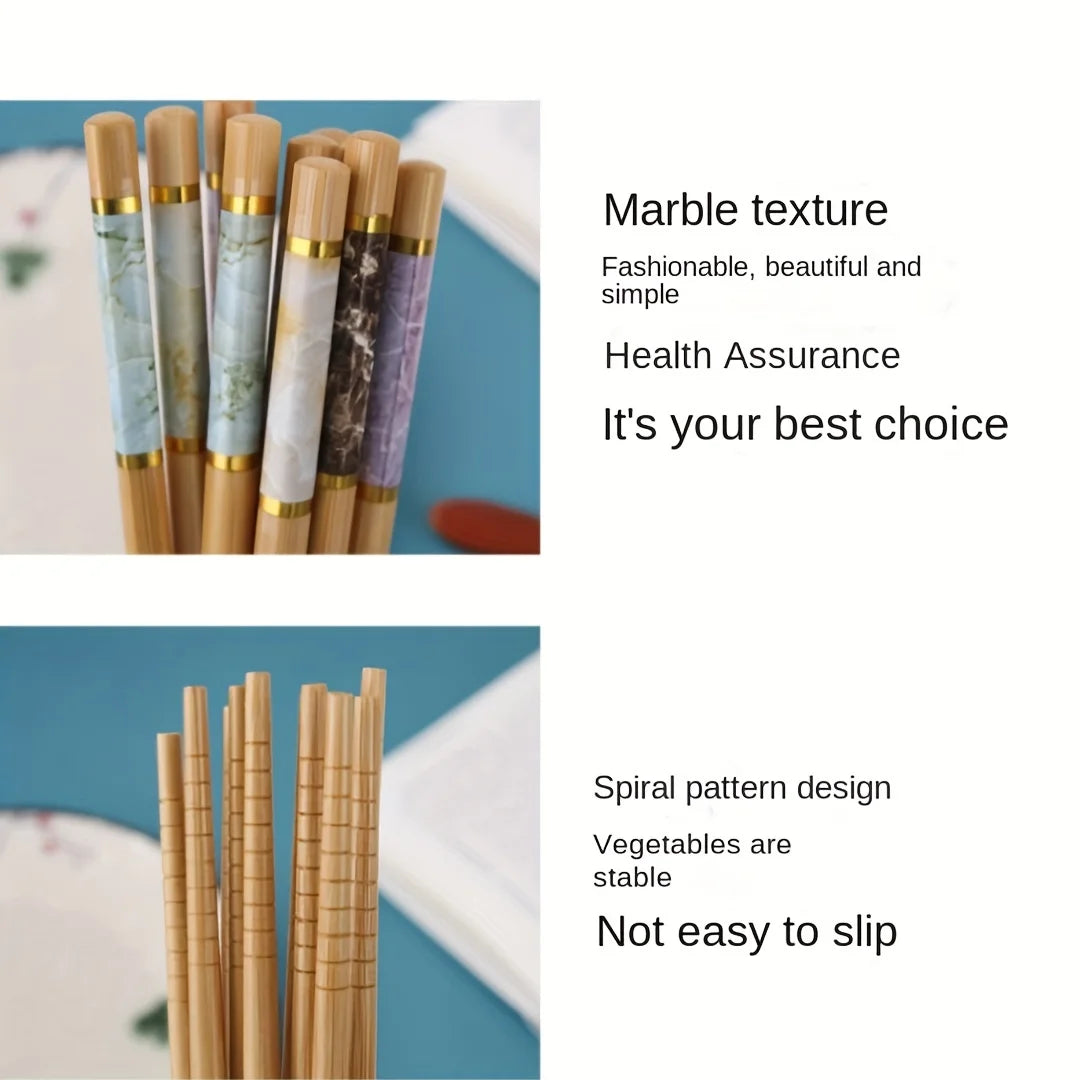 Bamboo Chopsticks, Set of 5 Pairs, High Aesthetic Value for Home Use, Individual Chopsticks, Mold-Resistant, Non-Slip, Printed Design, Tableware, Communal Chopsticks, Gift