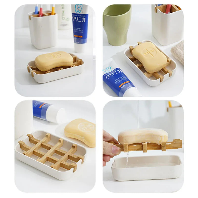 Bamboo Wooden Soap Dishes for Shower with Drainage Bathroom Bar Soap Holder Detachable Soap Stand Sink Deck Bathtub Shower Tray
