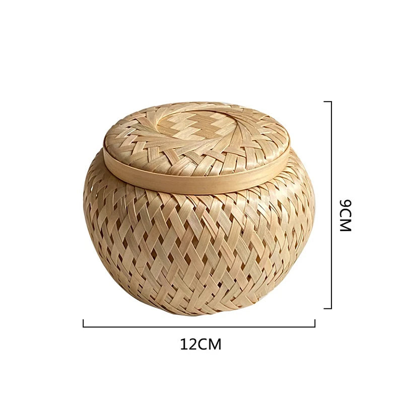 Bamboo Storage Basket with Cover Handmade Woven Tea Basket Tabletop Storage Box Flowerpot for Tea Dried Fruit Snack