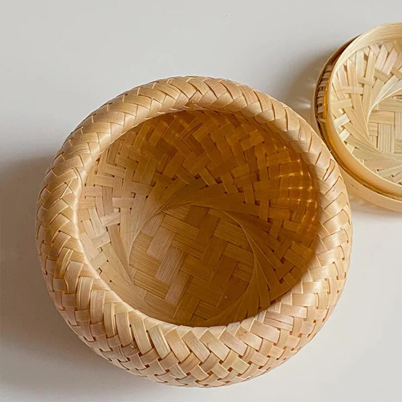 Bamboo Storage Basket with Cover Handmade Woven Tea Basket Tabletop Storage Box Flowerpot for Tea Dried Fruit Snack