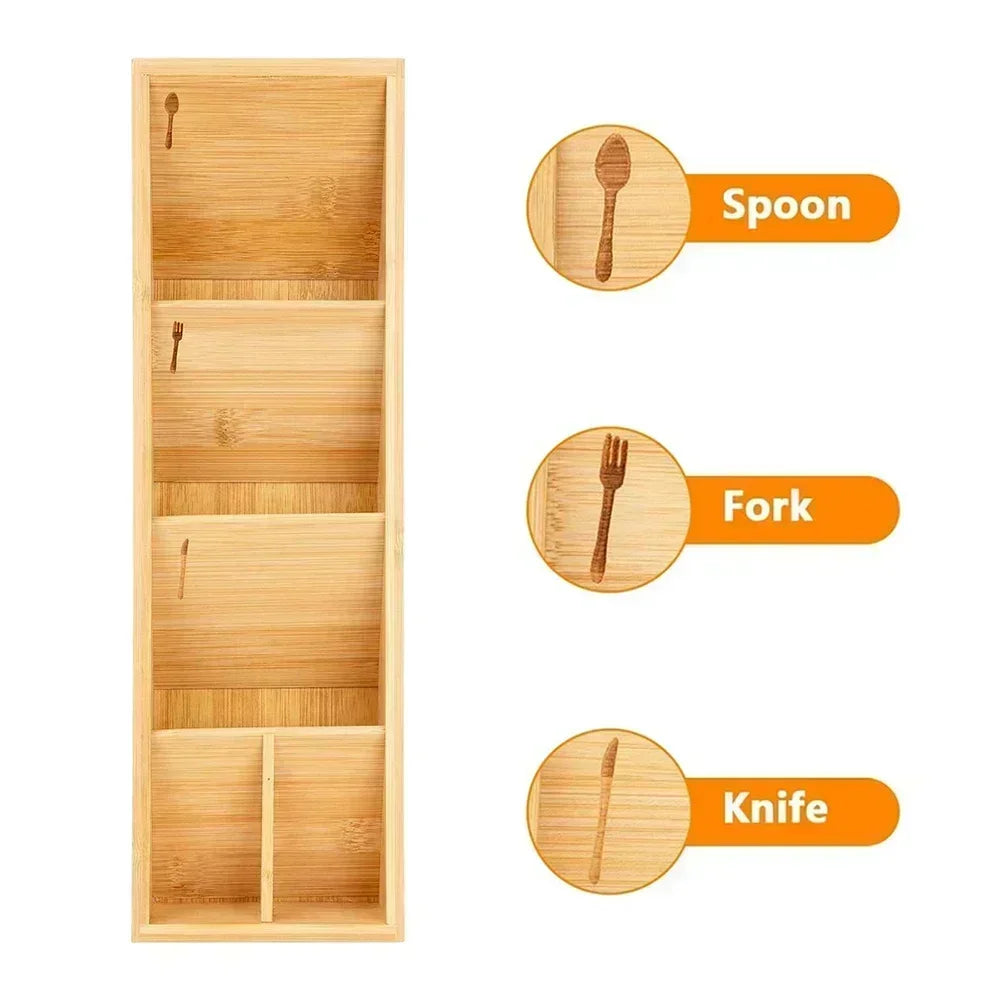 Bamboo Compact Cutlery Drawer Tool Expandable for Forks Spoons Utensils Box Kitchen Home Decor Simple Tableware Drawer Organizer