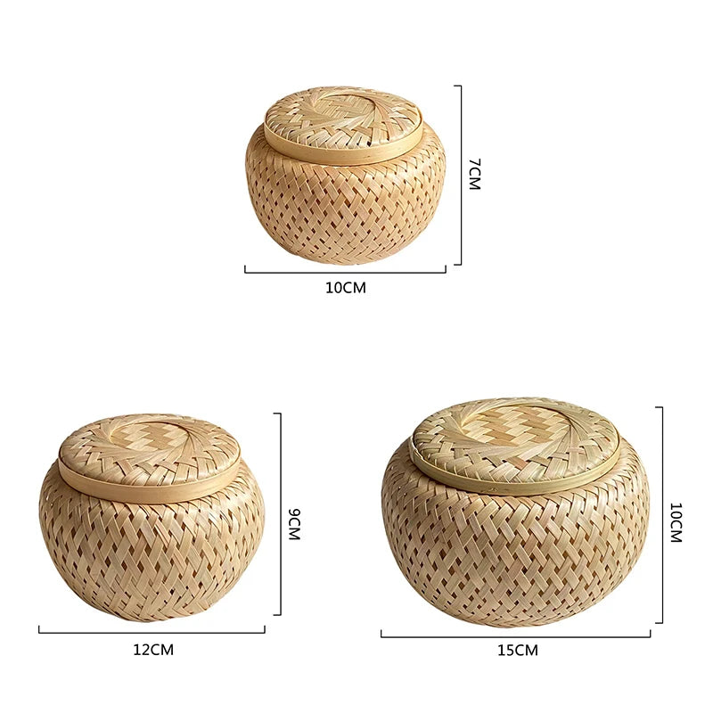Bamboo Storage Basket with Cover Handmade Woven Tea Basket Tabletop Storage Box Flowerpot for Tea Dried Fruit Snack