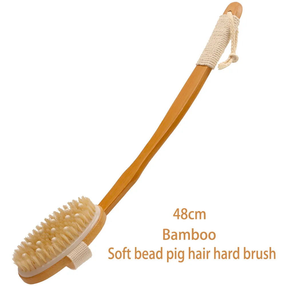 Bamboo Super Long 48cm Curved Handle Pig Mane Bath Brush, Foldable for Bathing, Cleaning, Massage, Rubbing, Back Brushing