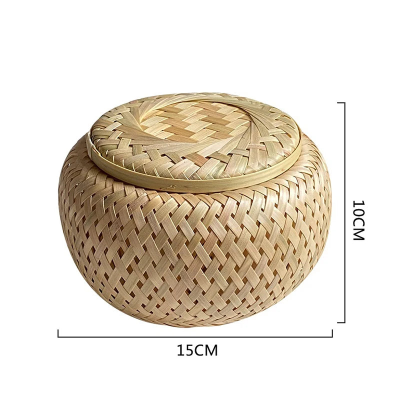 Bamboo Storage Basket with Cover Handmade Woven Tea Basket Tabletop Storage Box Flowerpot for Tea Dried Fruit Snack