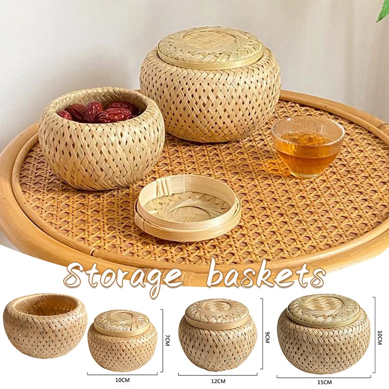 Bamboo Storage Basket with Cover Handmade Woven Tea Basket Tabletop Storage Box Flowerpot for Tea Dried Fruit Snack