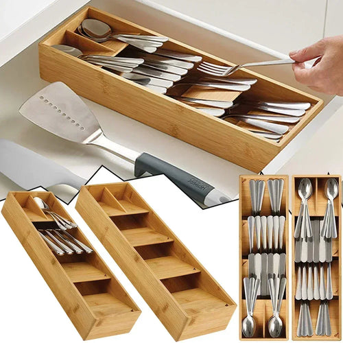 Bamboo Compact Cutlery Drawer Tool Expandable for Forks Spoons Utensils Box Kitchen Home Decor Simple Tableware Drawer Organizer