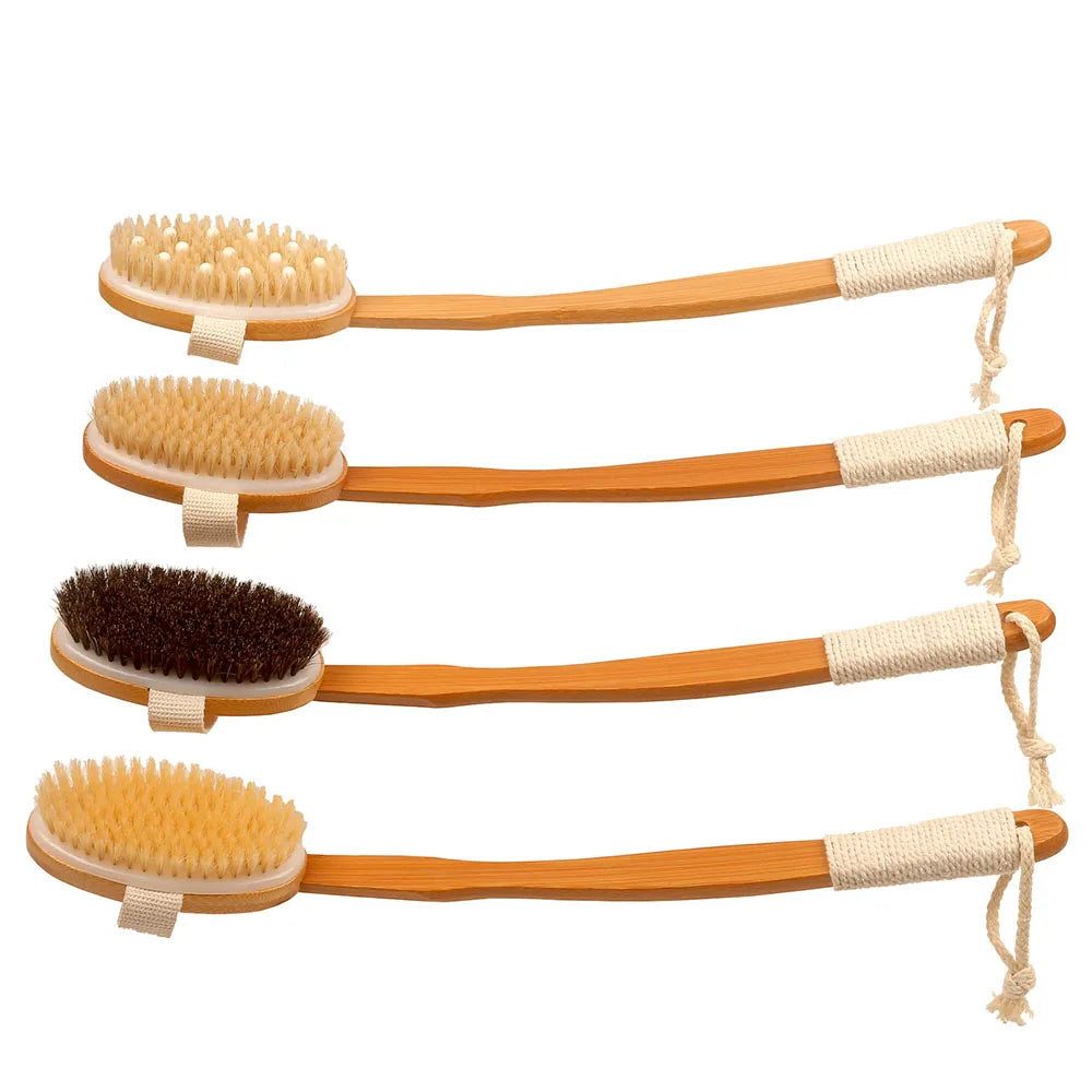 Bamboo Super Long 48cm Curved Handle Pig Mane Bath Brush, Foldable for Bathing, Cleaning, Massage, Rubbing, Back Brushing