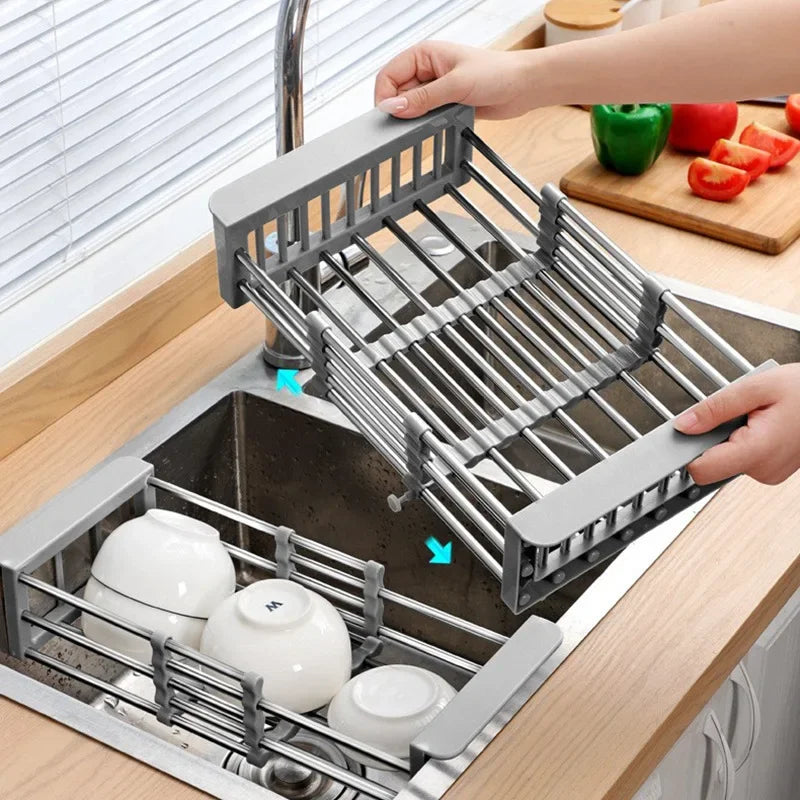 Retractable Kitchen Sink Drain Rack Drain Storage Rack Stainless Steel Bowls Tableware Vegetables Fruits Cleaning Drain Basket