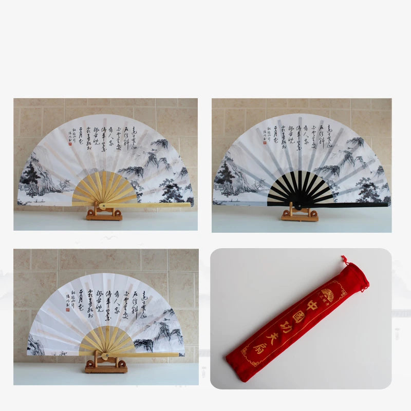 Bamboo Ribs Ink landscape Painting Tai Chi Fan Chinese Style Dance Performance Fan Cheongsam Show China Kung Fu Folding Ring Fan