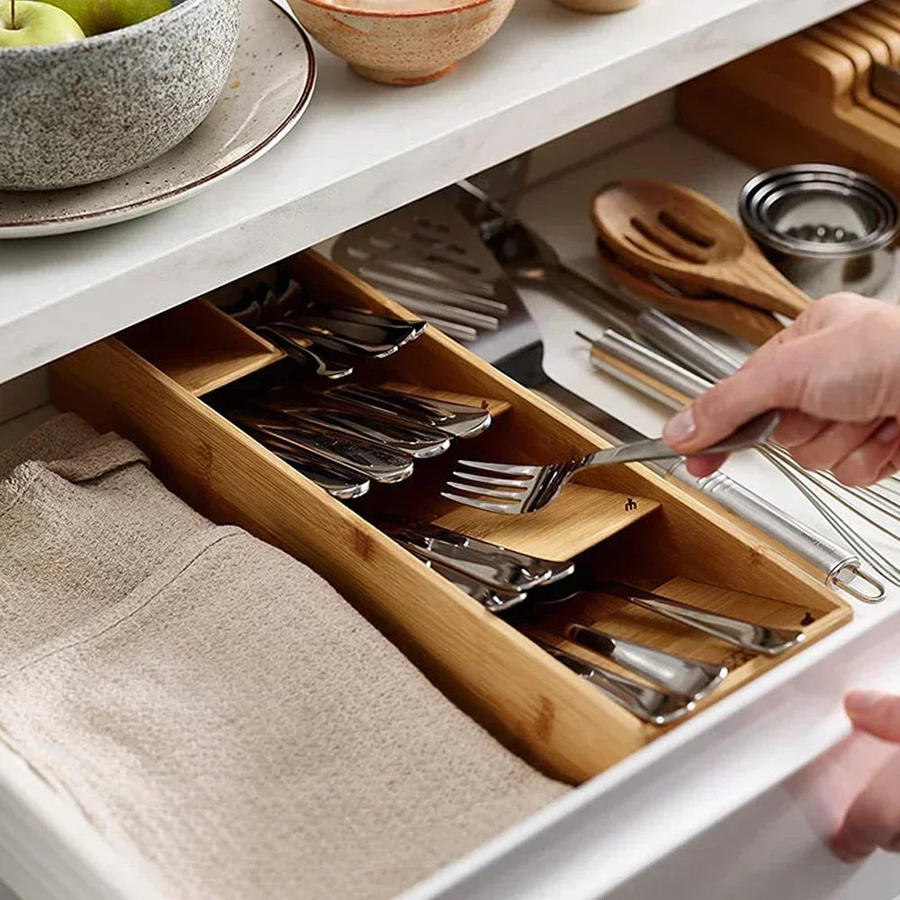 Bamboo Compact Cutlery Drawer Tool Expandable for Forks Spoons Utensils Box Kitchen Home Decor Simple Tableware Drawer Organizer